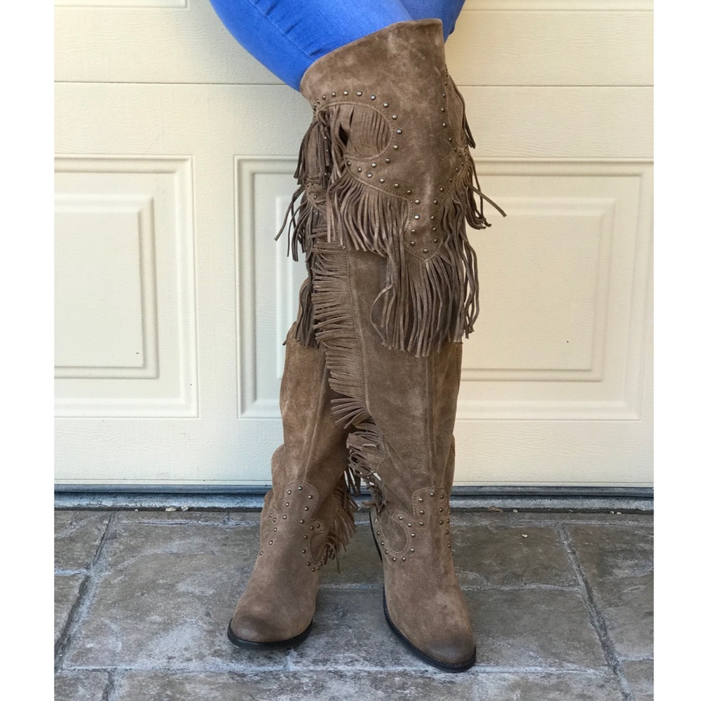 NIB Boho Chic Fringe Studs Over The Knee Boots - Picture 2 of 7